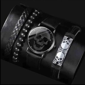 4pcs Men's Fashion Skull Dial Quartz Watch Set with Faux Leather Straps - New